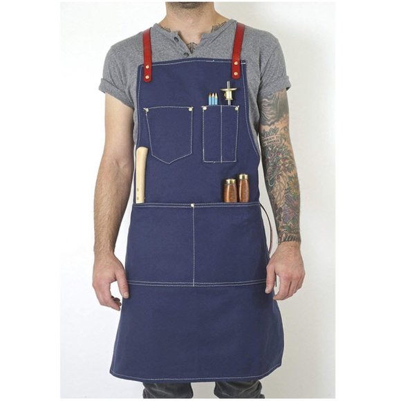 Blue Canvas and Leather Utility Apron with Pockets - Picture 1 of 8